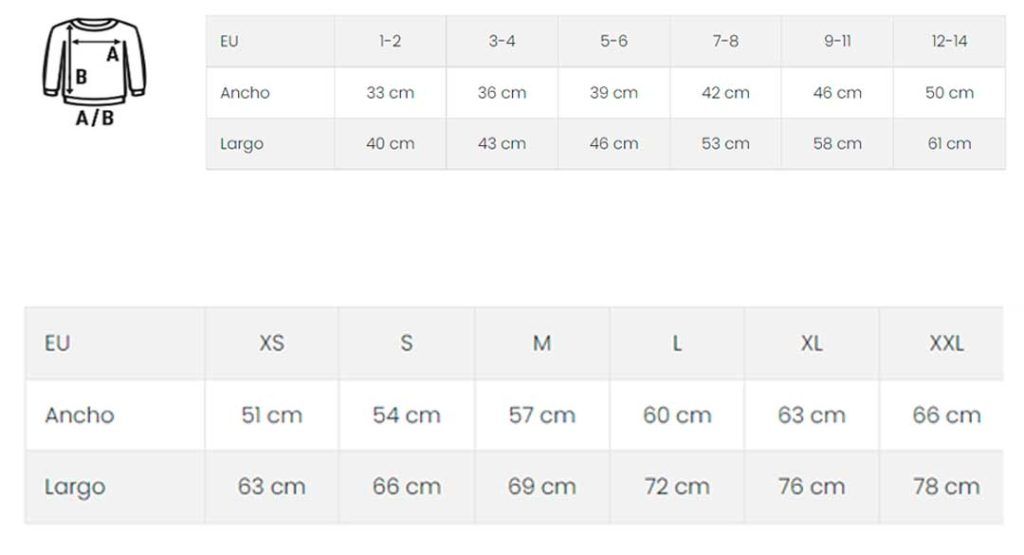 guia de tallas de sudadera