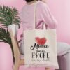 Bolsa de tela personalizada para profesora con corazón rojo y frase deja huella