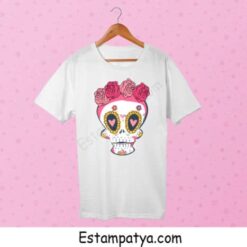 Camiseta Halloween Catrina blanca con diseño de calavera mexicana colorida