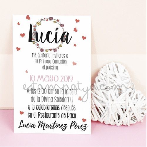 Invitación Comunión Niña corazones - Estampatya Invitación Comunión Niña corazones