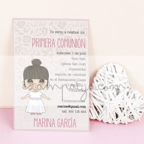 Invitación Comunión Niña Moño - Estampatya Invitación Comunión Niña Moño
