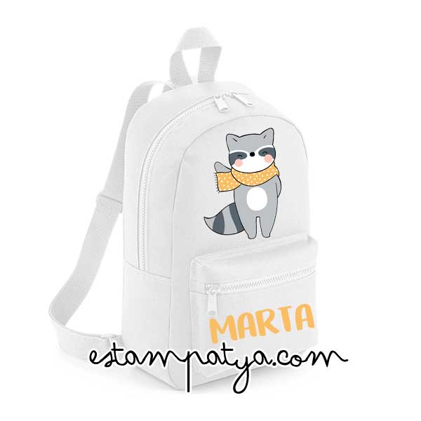 Mochila mini personalizada mapache - Estampatya Mochila mini personalizada mapache blanca