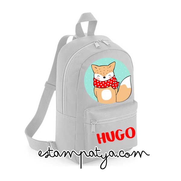 Mochila mini personalizada zorro con bufanda - Estampatya Mochila mini personalizada zorro con bufanda gris