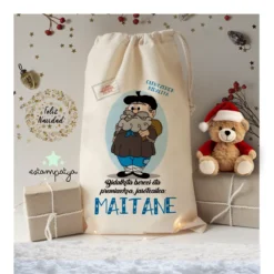 detalle del diseño del Olentzero en saco de Navidad personalizado - Estampatya
