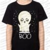 Camiseta negra Halloween con dibujo de fantasma y texto BOO
