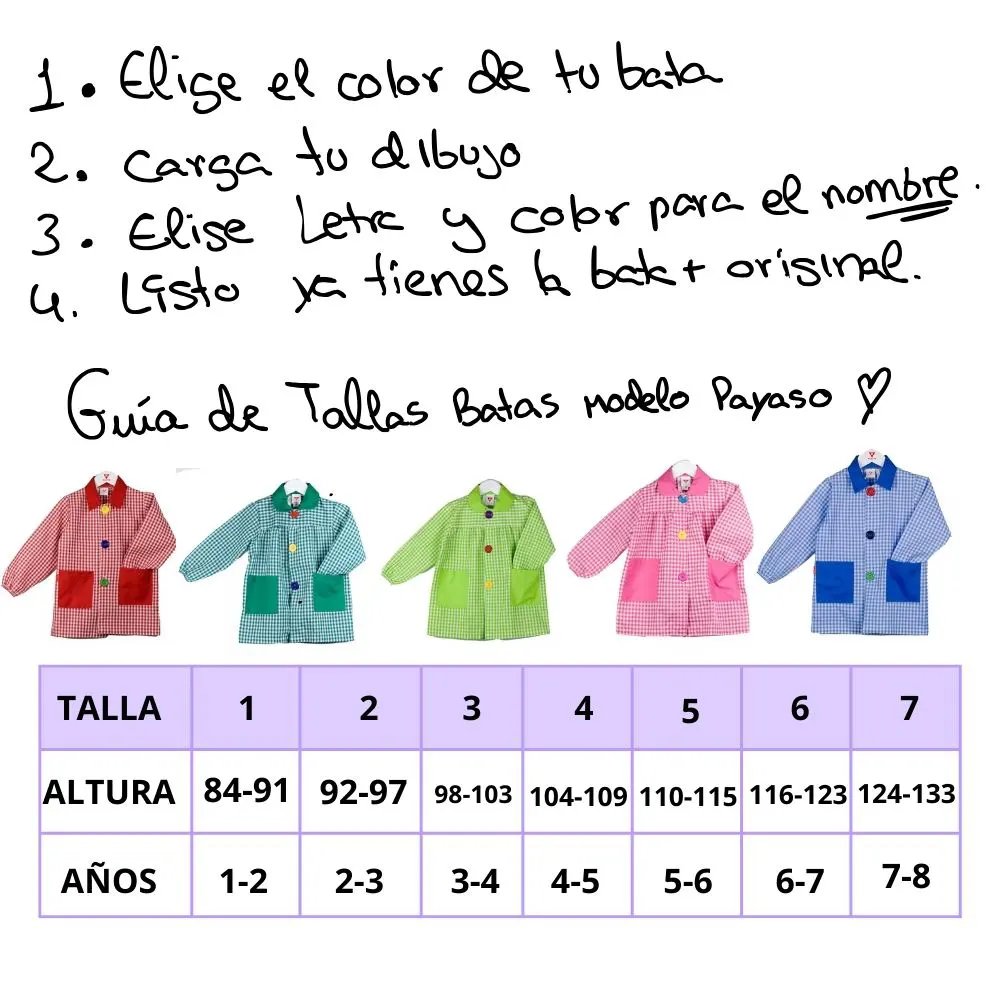 BATA cole payaso + bolsa merienda a juego personalizada - Estampatya guía de tallas bata colegio