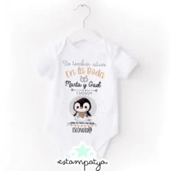 "Body personalizado para boda con diseño de pingüino"