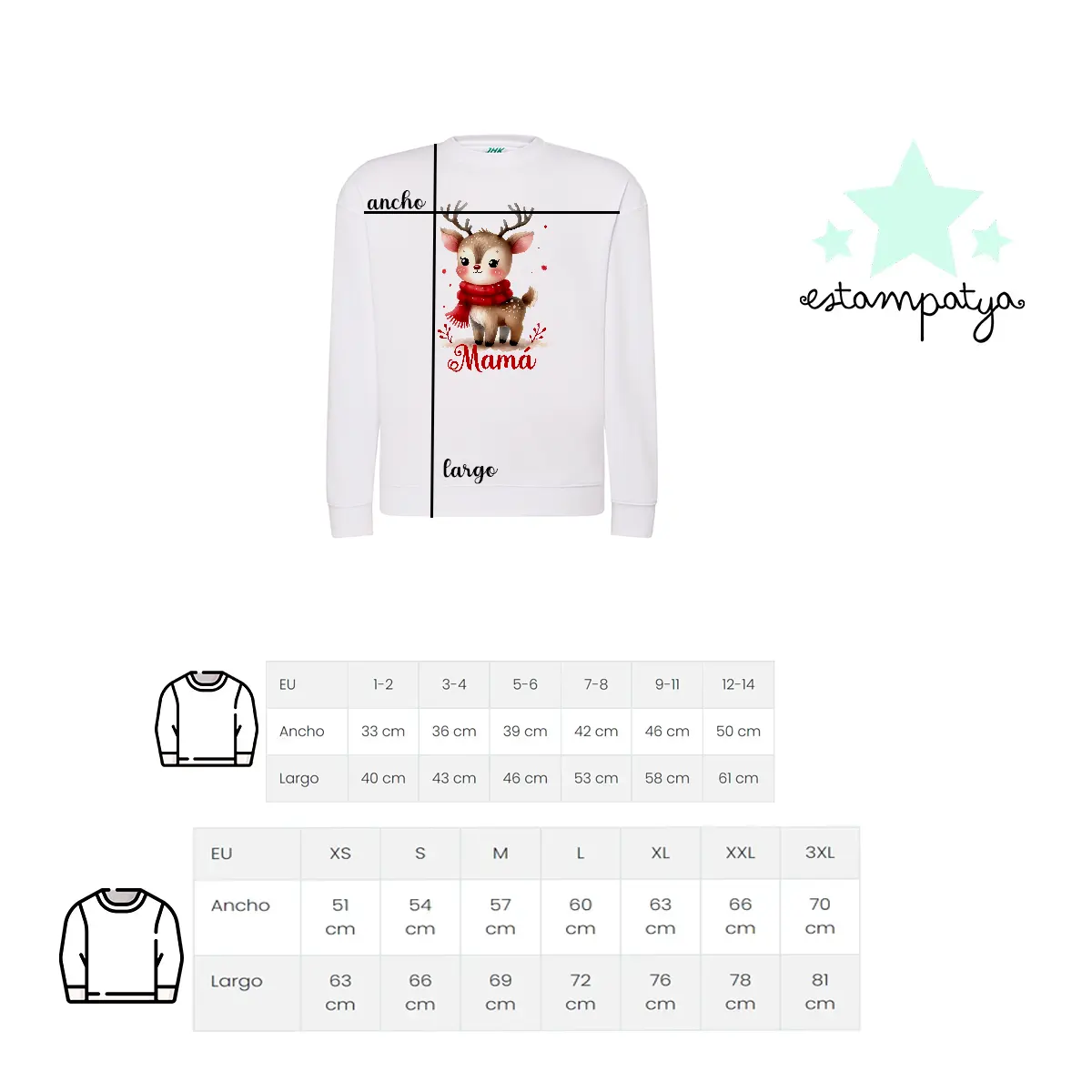 Sudadera personalizada reno lindo - Estampatya Sudadera personalizada reno lindo guia de tallas