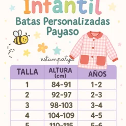 BATA cole payaso + bolsa merienda a juego personalizada - Estampatya Batas personalizadas payaso guía de tallas