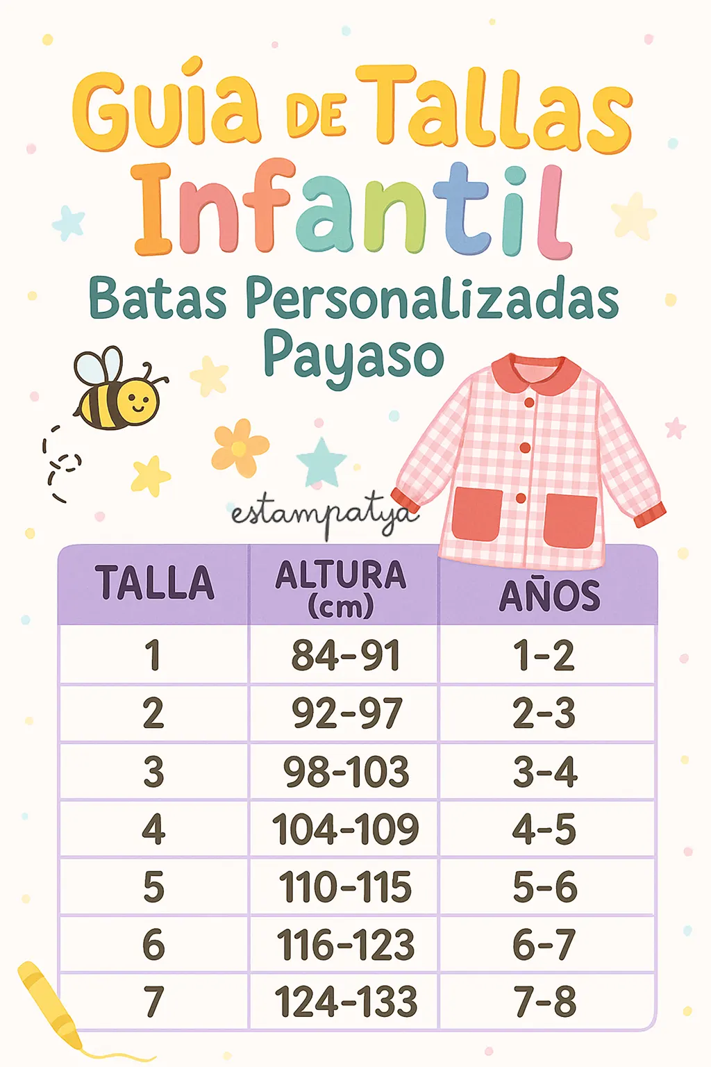 BATA cole payaso + bolsa merienda a juego personalizada - Estampatya Batas personalizadas payaso guía de tallas