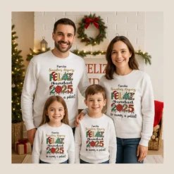 Familia con sudaderas navideñas blancas personalizadas con apellidos y diseño Feliz Navidad 2025, posando en un ambiente festivo.