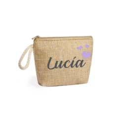 Monedero de yute personalizado con nombre Lucia y corazones lilas regalo invitados