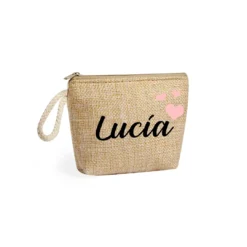 Monedero de yute personalizado con nombre Lucia y corazones rosasregalo invitados